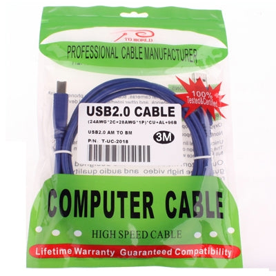 Normal USB 2.0 AM to BM Cable, with 2 core, Length: 3m(Blue)
