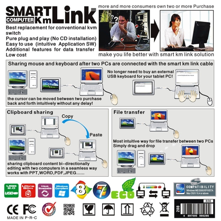 A820 USB Intelligent Computer Data Link, Support File Sharing & High Speed Data Transmission & Keyboard and Mouse Operation Device, Length: 110cm (Yellow + Black)