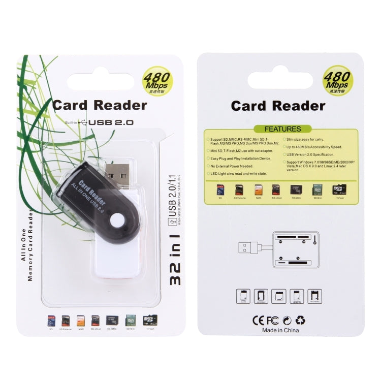 USB 2.0 All in One Memory Card Reader, Support SD / MMC / RS-MMC / Mini SD / TF / SDHC MMC / MMC TURBO Card, Support up to 32GB, Random Color Delivery