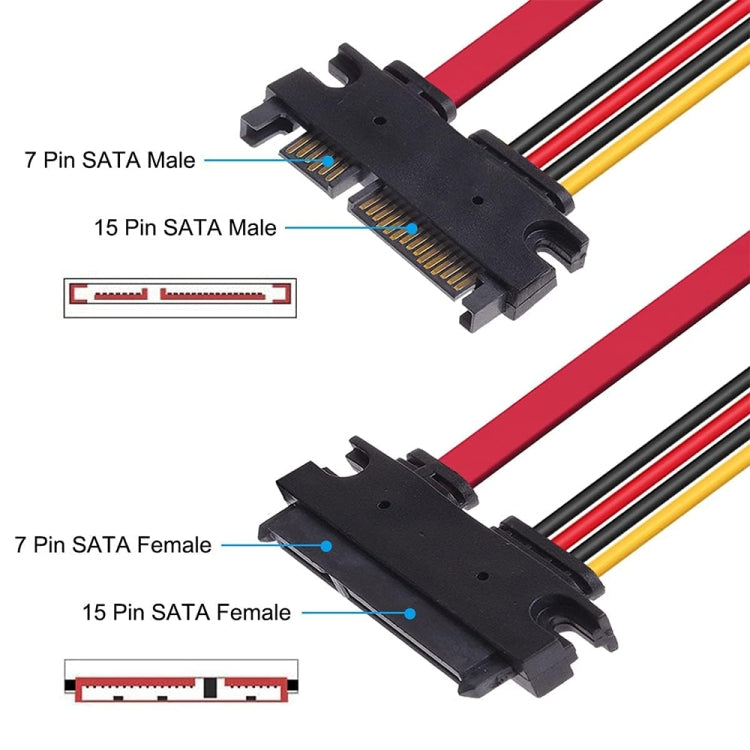 15 + 7 Pin Serial ATA Male to Female Data Power Extension Cable for SATA HDD, Length: