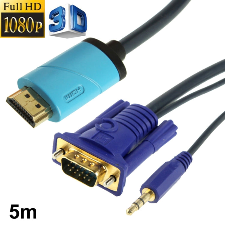 Full HD 1080P Conversion Cable HDMI to VGA and Audio Converter, Support 3D, Length: 5m