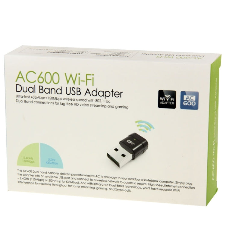 AC600 Mini 5GHz & 2.4GHz Dual Band 433Mbps & 150Mbps 802.11ac WiFi USB Network Adapter