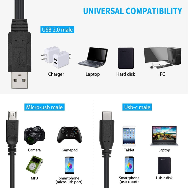 High Speed USB 2.0 Male to Micro USB Male + USB-C / Type-C 3.0 Male Data Sync Cable Adapter, For Samsung, HTC, Sony, LG, Huawei, Xiaomi, Lenovo ZUK Z1, Length: 38 cm