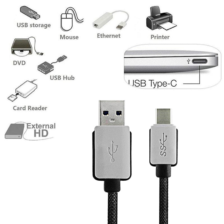 1m Woven Style 2A USB-C / Type-C 3.1 Male to USB 3.0 Male Data / Charger Cable
