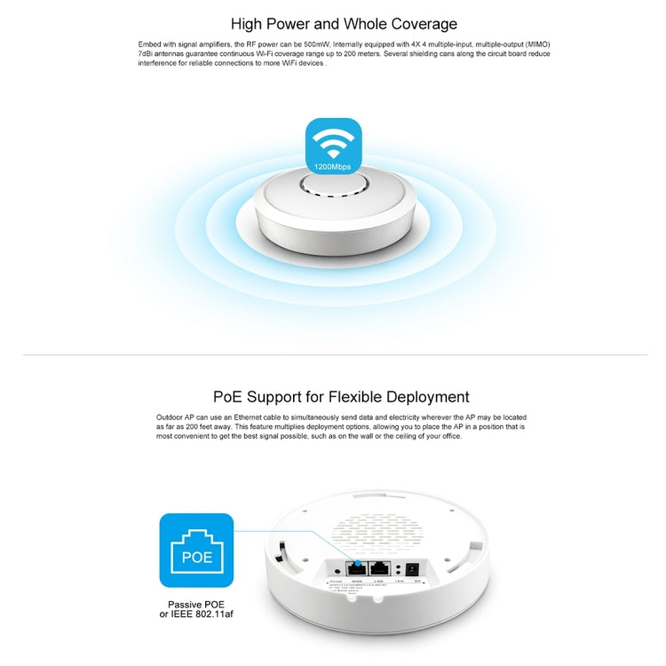 AP1200AC Dual Band 2.4Ghz & 5.8Ghz Ceiling Mount PoE Access Point, US Plug