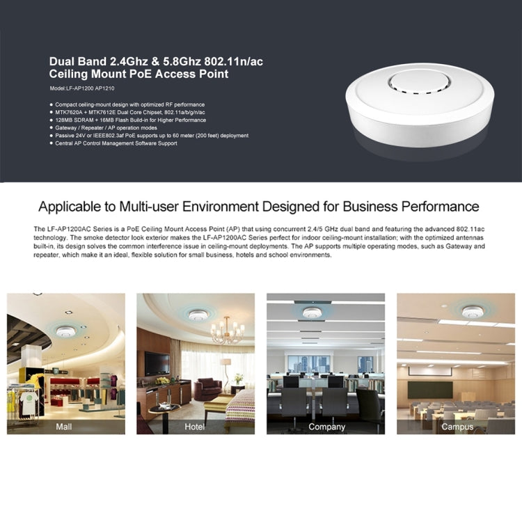 AP1210AC Dual Band 2.4Ghz & 5.8Ghz Ceiling Mount PoE Access Point, US Plug