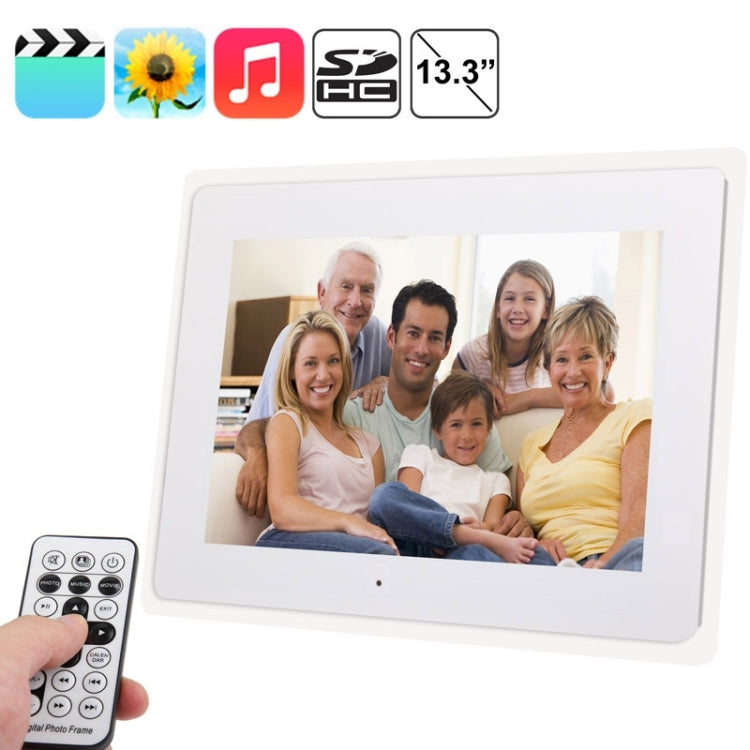 13.3 inch TFT LCD Display Multi-media Acrylic Material Digital Photo Frame with Music & Movie Player / Remote Control Function, Support USB / SD Card Input, Built in Stereo Speaker(White)
