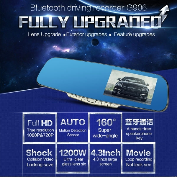 GEBITE G906 Full HD 1080P 4.3 inch Screen Display Bluetooth Vehicle DVR, 160 Degree Wide Angle Viewing, Support Handsfree / Loop Recording / Motion Detection / Lock Screen Function
