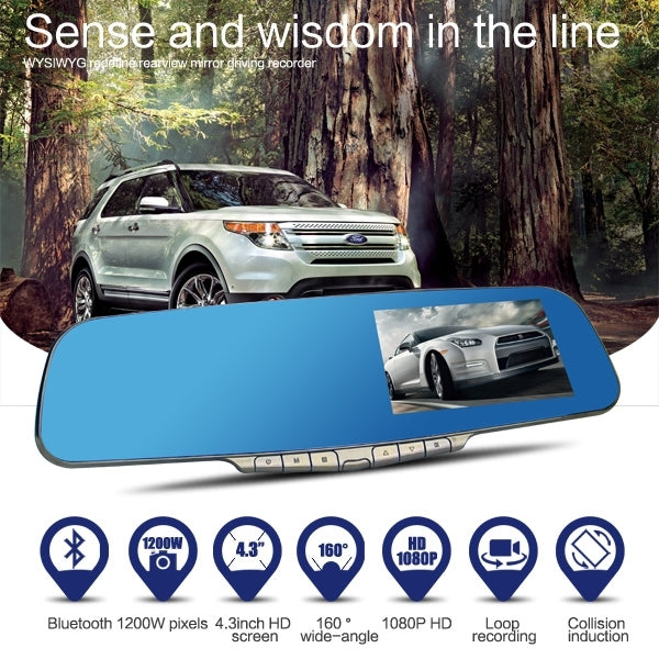 GEBITE G906 Full HD 1080P 4.3 inch Screen Display Bluetooth Vehicle DVR, 160 Degree Wide Angle Viewing, Support Handsfree / Loop Recording / Motion Detection / Lock Screen Function