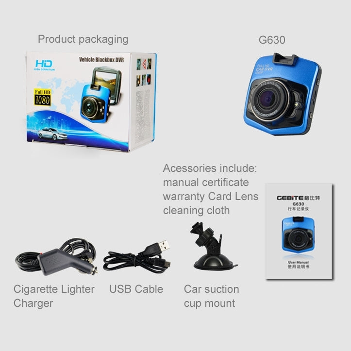 GEBITE G630 Full HD 1080P 2.4 inch Screen Display Mini Vehicle DVR, 140 Degree Wide Angle Viewing, Support Loop Recording / Motion Detection / Lock Screen Function / Parking Guard