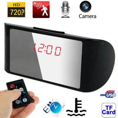 720P H.264 Multi-Functional Table Clock Camera Mini DVR with Remote, Alarm Clock / Date and Time Display / Temperature Display / Take Photo / Video Recording Function, Support TF Card(Black)