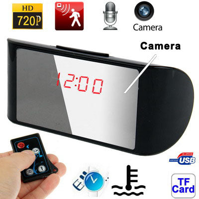 720P H.264 Multi-Functional Table Clock Camera Mini DVR with Remote, Alarm Clock / Date and Time Display / Temperature Display / Take Photo / Video Recording Function, Support TF Card(Black)