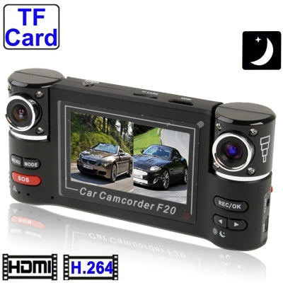 F20, 2.7 inch TFT Screen Mini Dual Camera 1280x480 Night Vision Vehicle DVR , with H2.64 Video format, Support SOS / Motion Detection / HDMI and TV out / Micro SD/TF Card , Ultra-wide: 120 degree(Black)