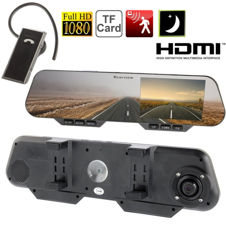 1080P Car Rear View Camera Video Recorder 4.3 inch LCD Screen with Bluetooth Earphone & 4 LED, Support Loop Recording / Night Vision / TF Card / HDMI Output Function, H.264 Video Codec (TKD913)(Black)