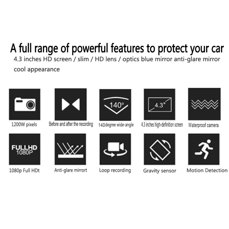 GEBITE G880S Full HD 1080P 4.3 inch Screen Display Vehicle DVR, Support Loop Recording / Motion Detection / Two Cameras / Lock Screen Function