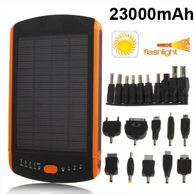 23000mAh Solar High Capacity Laptop Charger with Flashlight & Ten Mobile Phone Kinds of Connectors & Notebook Adapter