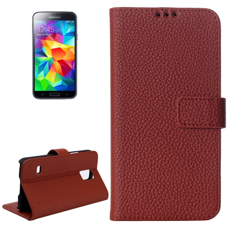 Litchi Texture Magnetic Button Horizontal Flip Leather Case with Card Slots & Holder for Galaxy S5 mini / G800(Brown)