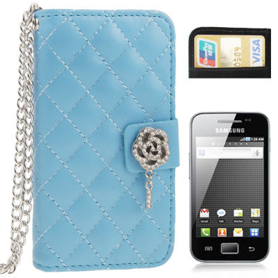 Grid Texture Diamond Encrusted Magnetic Buckle Leather Case with Credit Card slot & Chain for Galaxy Ace / S5830