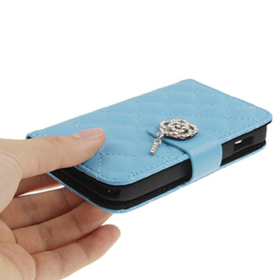 Grid Texture Diamond Encrusted Magnetic Buckle Leather Case with Credit Card slot & Chain for Galaxy Ace / S5830