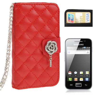 Grid Texture Diamond Encrusted Magnetic Buckle Leather Case with Credit Card slot & Chain for Galaxy Ace / S5830