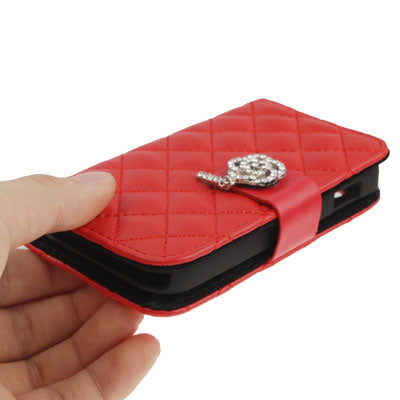 Grid Texture Diamond Encrusted Magnetic Buckle Leather Case with Credit Card slot & Chain for Galaxy Ace / S5830