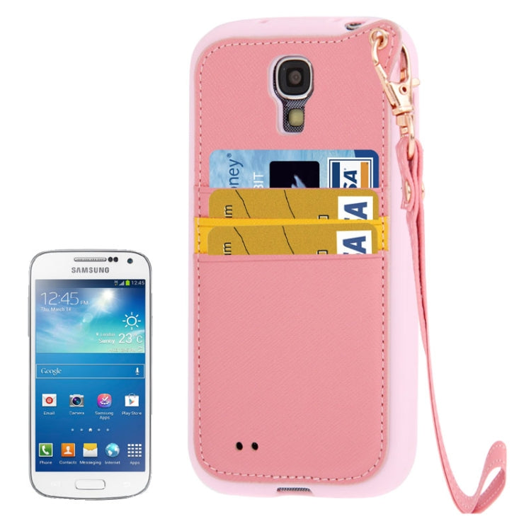 Cross Texture Leather + TPU Case with Credit Card Slots & Lanyard for Galaxy S IV / i9500(Pink)