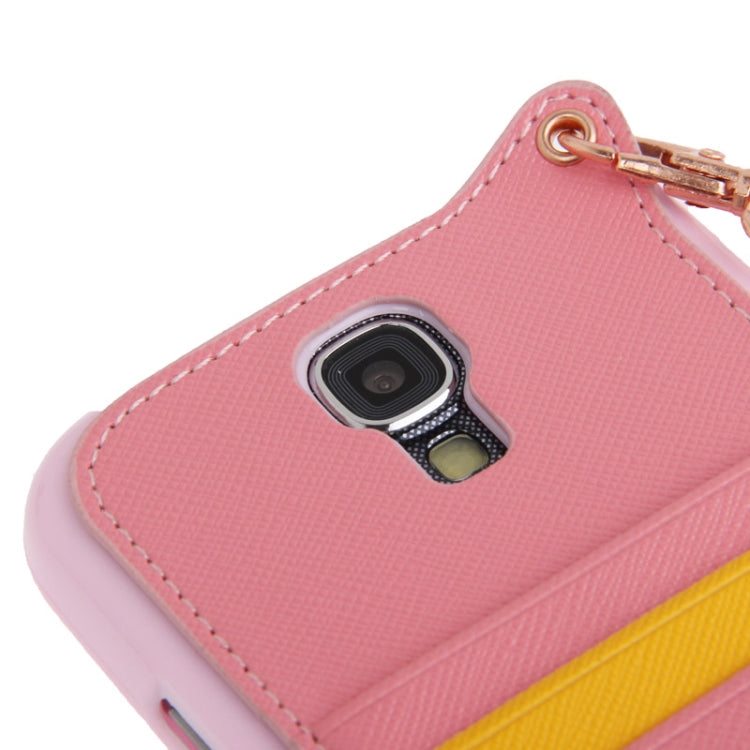 Cross Texture Leather + TPU Case with Credit Card Slots & Lanyard for Galaxy S IV / i9500(Pink)