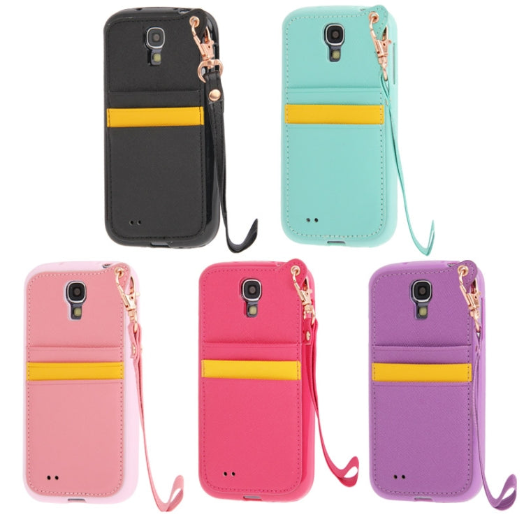 Cross Texture Leather + TPU Case with Credit Card Slots & Lanyard for Galaxy S IV / i9500(Pink)