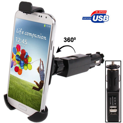 Universal 360 Degree Rotation Car Mount with Dual USB Charger for Galaxy S IV / i9500 / i9300 / iPhone 4 & 4S / 3GS / Smart Phone, Height: 110-145mm(Black)