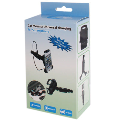 Universal 360 Degree Rotation Car Mount with Dual USB Charger for Galaxy S IV / i9500 / i9300 / iPhone 4 & 4S / 3GS / Smart Phone, Height: 110-145mm(Black)