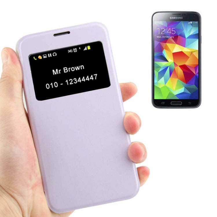 Sand Texture Flip Leather Cover Transparent Frosted Plastic Case with Call Display ID for Galaxy S5 / G900(Purple)