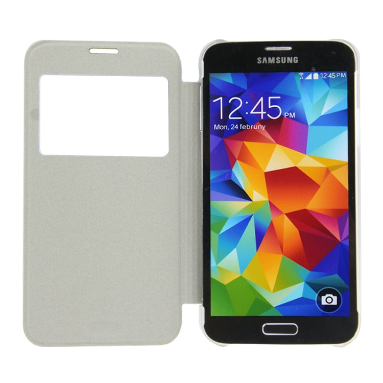Sand Texture Flip Leather Cover Transparent Frosted Plastic Case with Call Display ID for Galaxy S5 / G900(Purple)