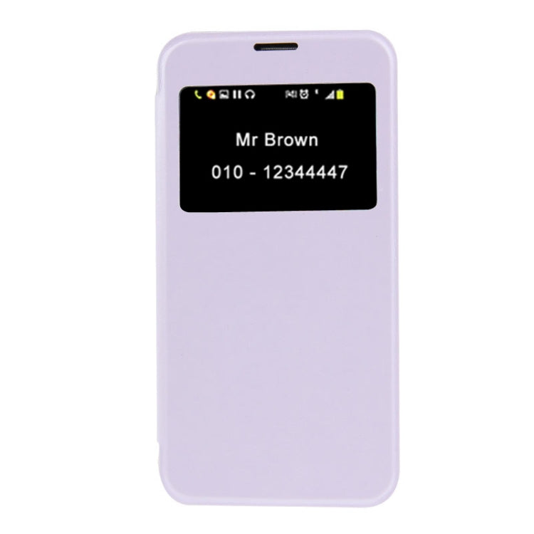 Sand Texture Flip Leather Cover Transparent Frosted Plastic Case with Call Display ID for Galaxy S5 / G900(Purple)