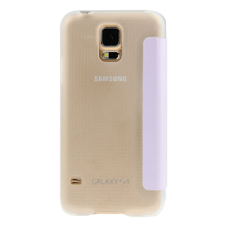 Sand Texture Flip Leather Cover Transparent Frosted Plastic Case with Call Display ID for Galaxy S5 / G900(Purple)