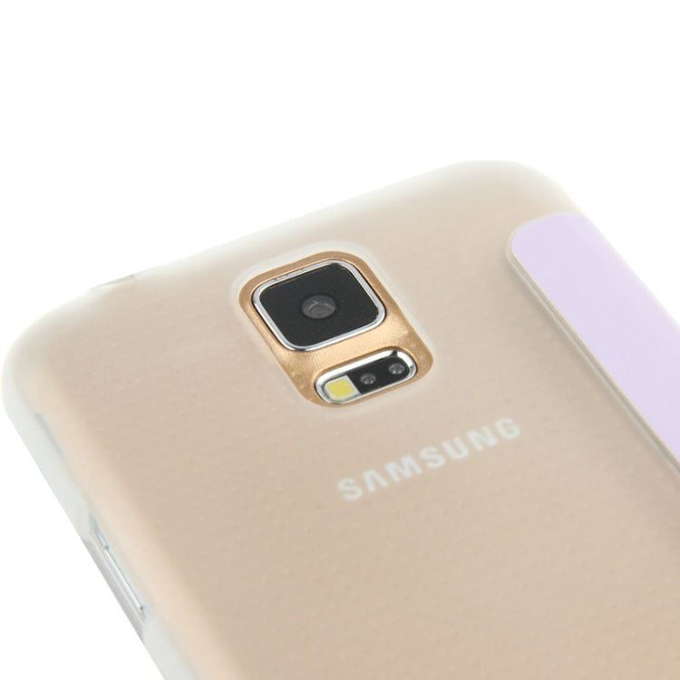 Sand Texture Flip Leather Cover Transparent Frosted Plastic Case with Call Display ID for Galaxy S5 / G900(Purple)
