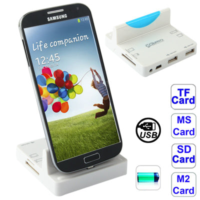 All in 1 Read Card + 2 Ports USB 2.0 HUB Dock Charger Adapter for Galaxy S IV / i9500 / i9300 / Note II / N7100 / Micro USB Smart Phone, Support SD / TF / MS/ M2 Card