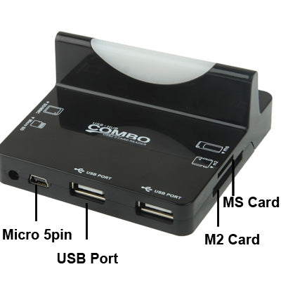 All in 1 Read Card + 2 Ports USB 2.0 HUB Dock Charger Adapter for Galaxy S IV / i9500 / i9300 / Note II / N7100 / Micro USB Smart Phone, Support SD / TF / MS/ M2 Card