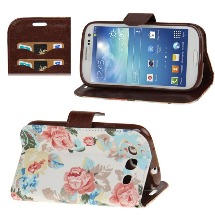Denim Texture Peony Pattern Horizontal Flip Leather Case with Holder & Credit Card Slots for Galaxy SIII / i9300