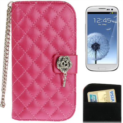 Plaid Texture Diamond Flower Button Flip Leather Case Cover with Credit Card Slots & Chain for Galaxy S III / i9300