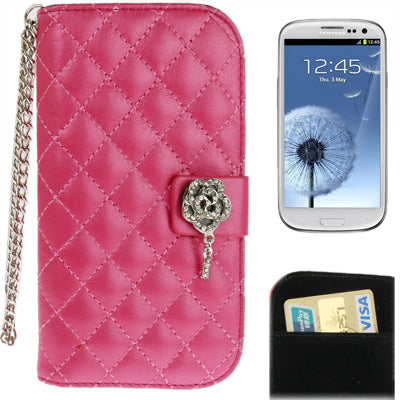 Plaid Texture Diamond Flower Button Flip Leather Case Cover with Credit Card Slots & Chain for Galaxy S III / i9300