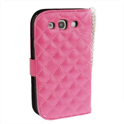 Plaid Texture Diamond Flower Button Flip Leather Case Cover with Credit Card Slots & Chain for Galaxy S III / i9300