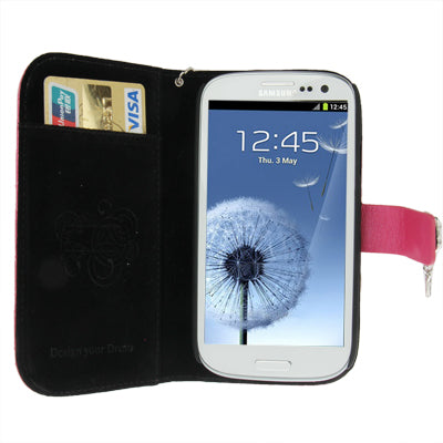 Plaid Texture Diamond Flower Button Flip Leather Case Cover with Credit Card Slots & Chain for Galaxy S III / i9300