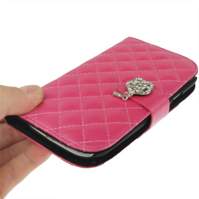 Plaid Texture Diamond Flower Button Flip Leather Case Cover with Credit Card Slots & Chain for Galaxy S III / i9300