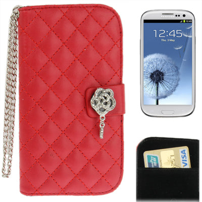 Plaid Texture Diamond Flower Button Flip Leather Case Cover with Credit Card Slots & Chain for Galaxy S III / i9300