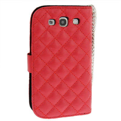 Plaid Texture Diamond Flower Button Flip Leather Case Cover with Credit Card Slots & Chain for Galaxy S III / i9300