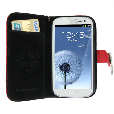 Plaid Texture Diamond Flower Button Flip Leather Case Cover with Credit Card Slots & Chain for Galaxy S III / i9300