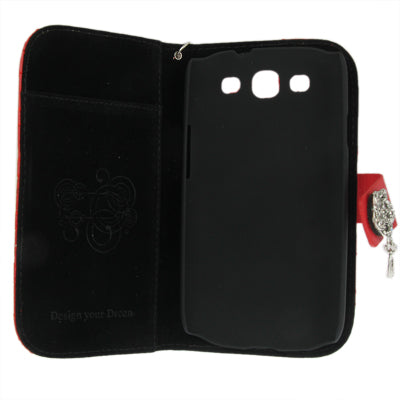 Plaid Texture Diamond Flower Button Flip Leather Case Cover with Credit Card Slots & Chain for Galaxy S III / i9300