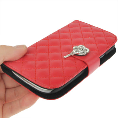 Plaid Texture Diamond Flower Button Flip Leather Case Cover with Credit Card Slots & Chain for Galaxy S III / i9300