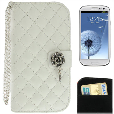 Plaid Texture Diamond Flower Button Flip Leather Case Cover with Credit Card Slots & Chain for Galaxy S III / i9300
