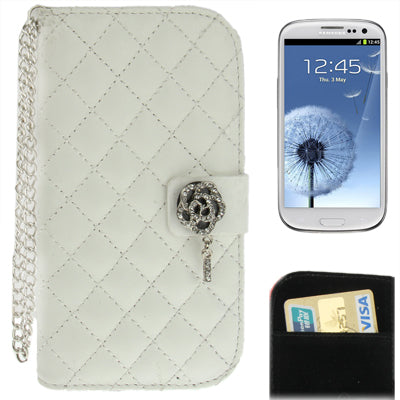 Plaid Texture Diamond Flower Button Flip Leather Case Cover with Credit Card Slots & Chain for Galaxy S III / i9300